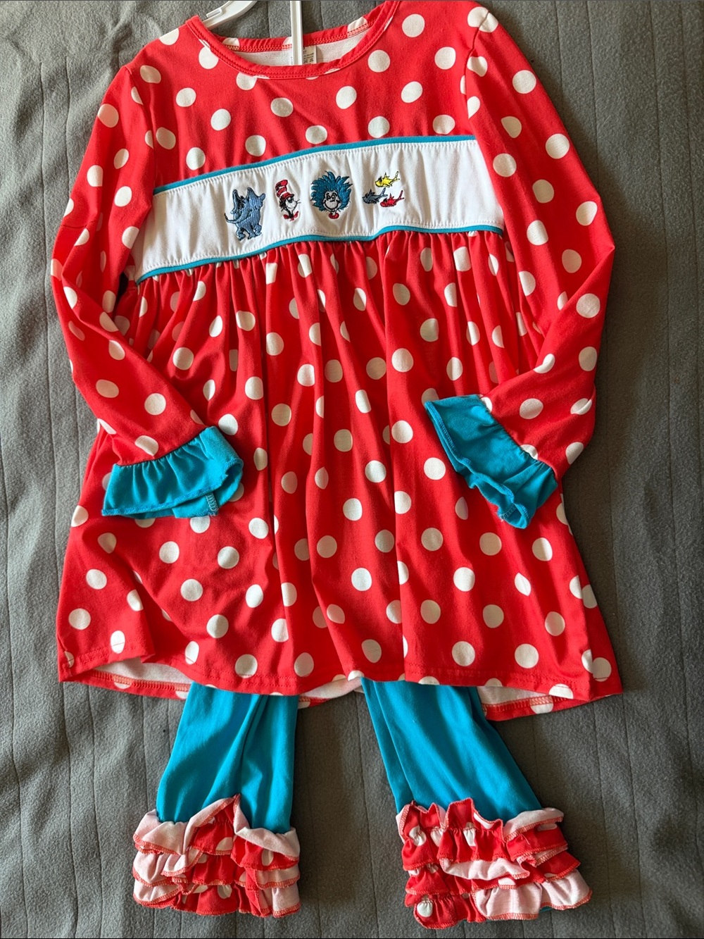 Dr. Seuss Red Polka Dot Smocked Two-Piece Outfit with Turquoise Ruffles